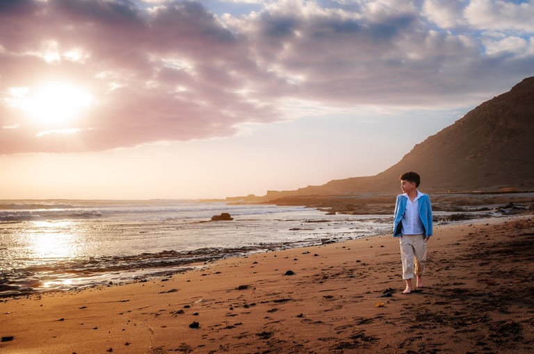 a man walking on a beach with a dog