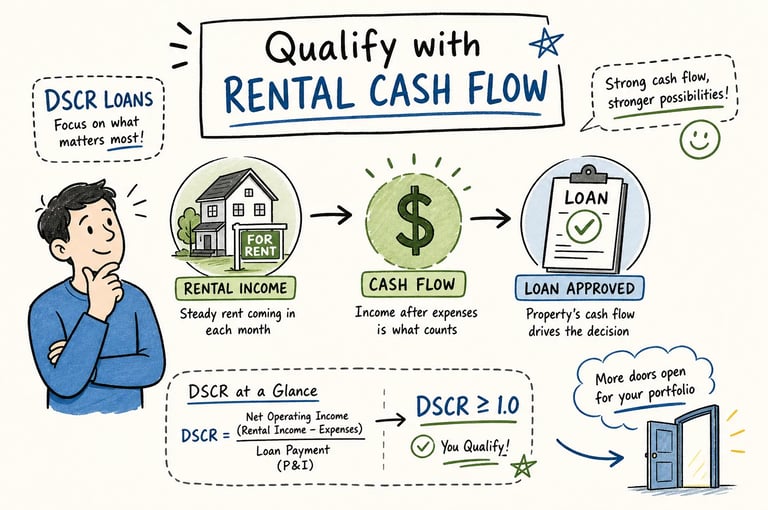Illustrated guide explaining DSCR loans and how to qualify for financing using rental property cash flow.