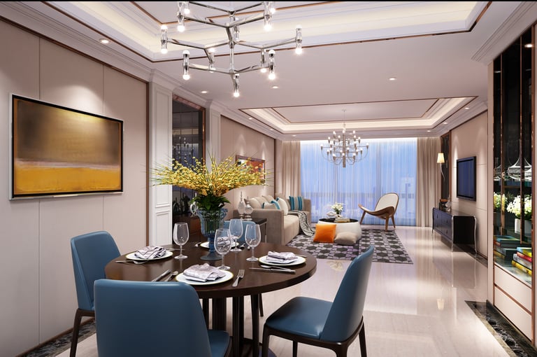 Luxury residential dining and living area — blue chairs, elegant table setting, warm lighting