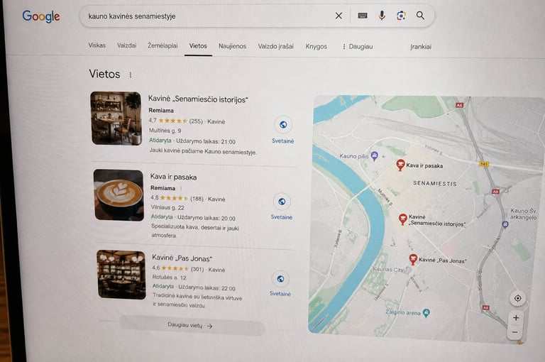 Google Ads rezultatai Kauno kavinės paieškoje Senamiestyje