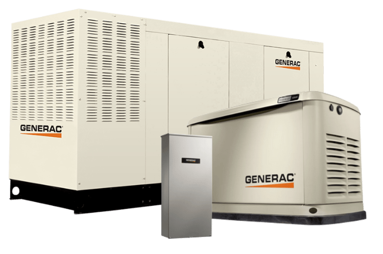 A Generac Commercial and a Residential Standby Generator with a Control Panel