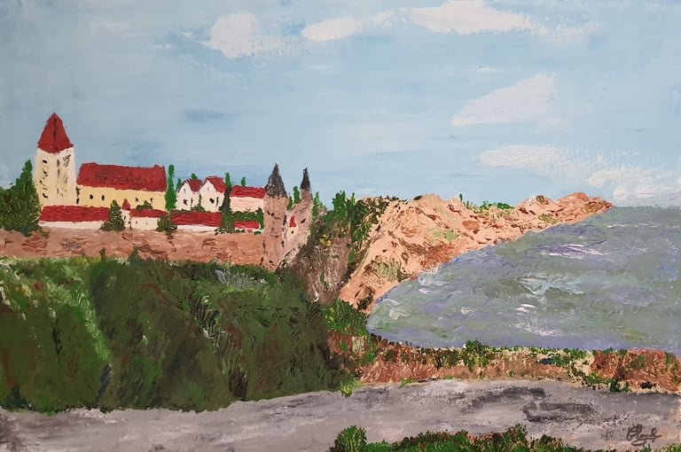 Réf : PAY220809. Cité médiévale. 50x44cm. 180€.