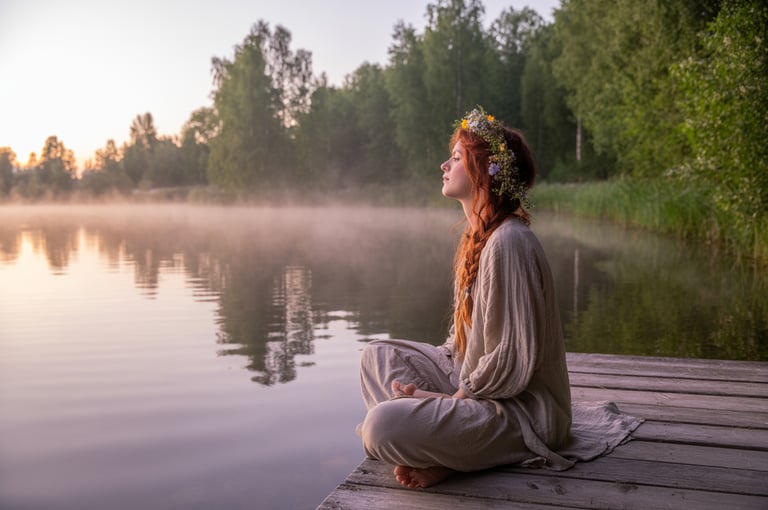 a woman sitting on a dock with a flower crown