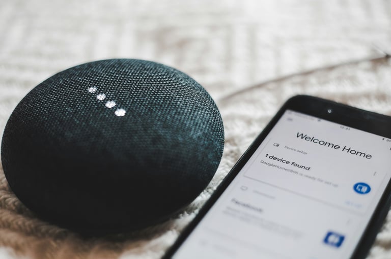 Smart speaker connected to phone with home automation screen