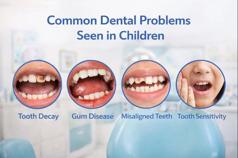 Common dental problems seen in children like tooth decay, gum disease, malaligned teeth, tooth sensitivity