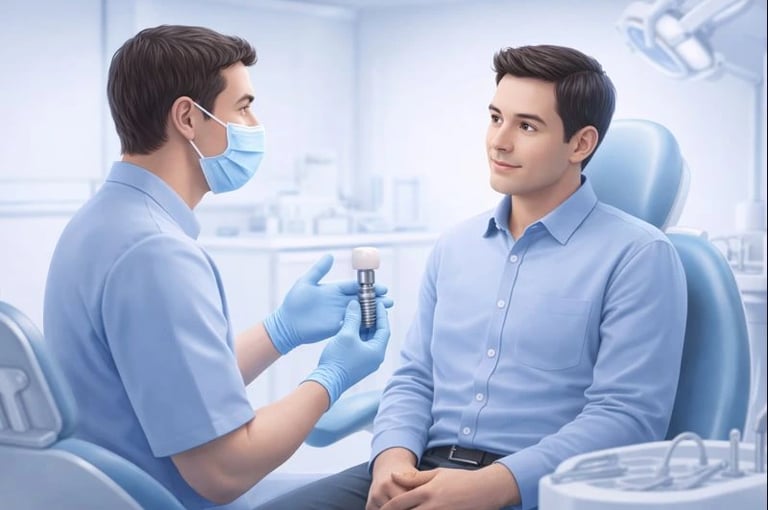 Dentist explaining dental implant safety to a patient during consultation