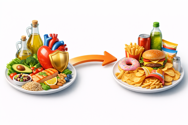 Figura 2. Ilustração 3D: padrões mais cardioprotetores vs mais associados a risco. (Arte: Nutro AI)