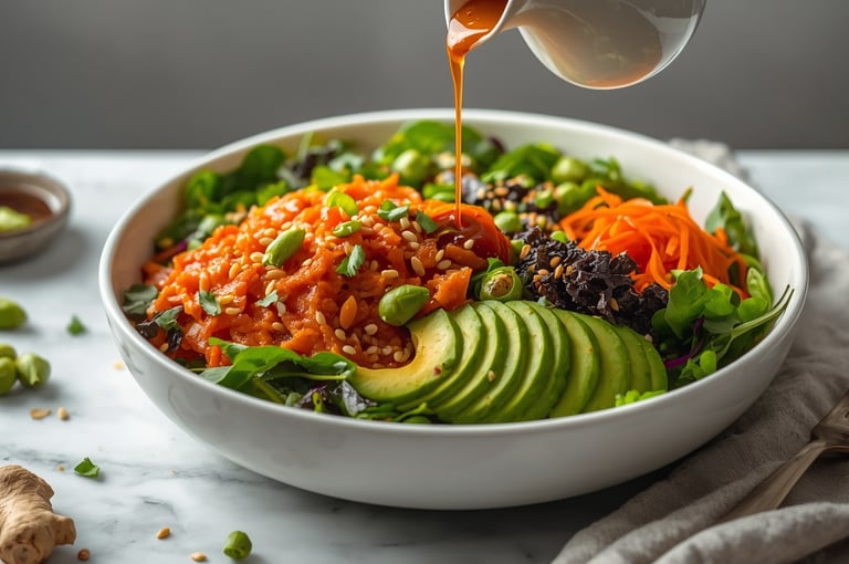 Dressing being poured onto a healthy vegan poke bowl with sliced avocado, edamame, and fresh vegetables.