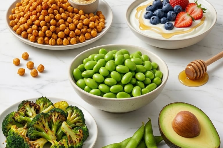 A collection of healthy, protein-rich foods, including edamame, roasted chickpeas, Greek yogurt with berries, avocado, and