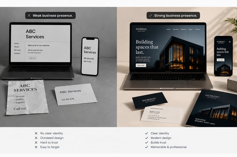 Comparison of weak and professional business branding with website design, print materials and visua