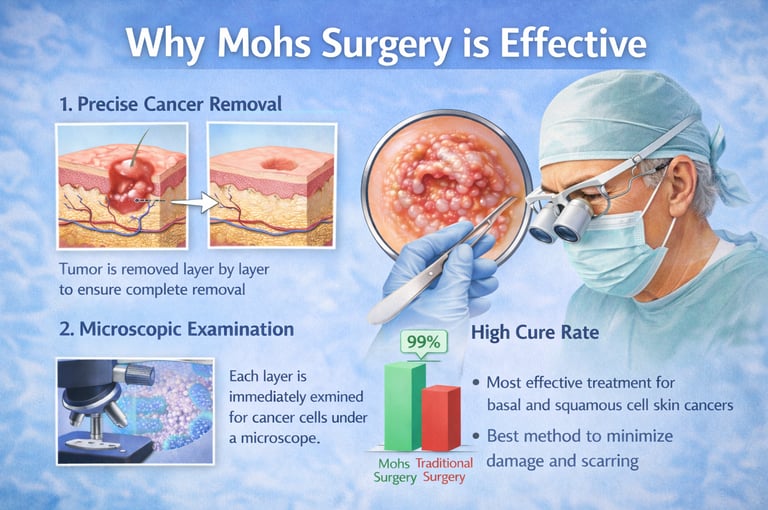Diagram explaining why Mohs surgery is effective, precise cancer removal and microscopic examination