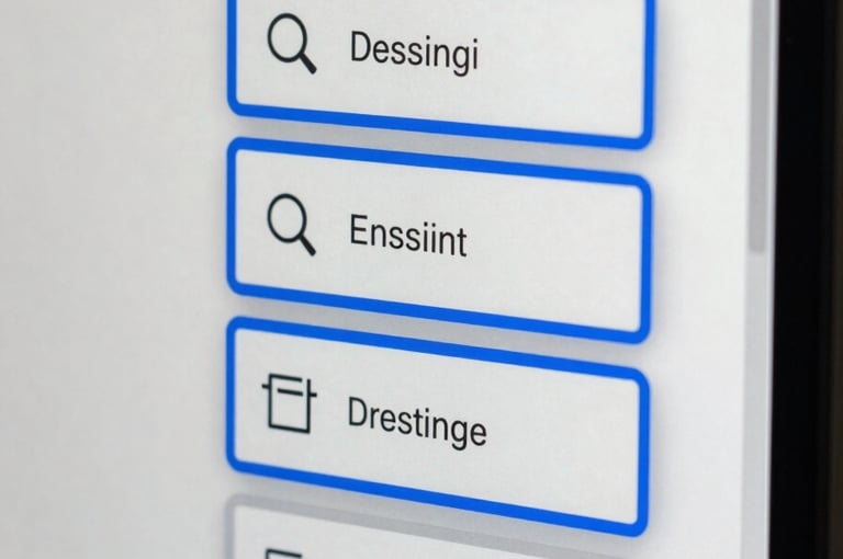 Extreme close-up of a monitor screen showing a web interface detail — a precisely spaced button with a single vivid blue border, clean sans-serif label, pixel-perfect alignment visible, north-facing daylight reflected softly on the glass, no glare