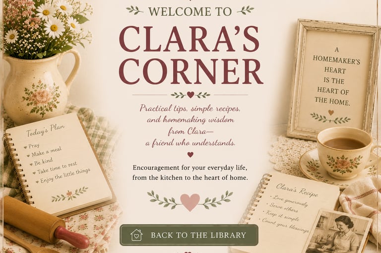 Vintage homemaking aesthetic blog header for Clara's Corner featuring a rolling pin, tea cup, and floral decor.