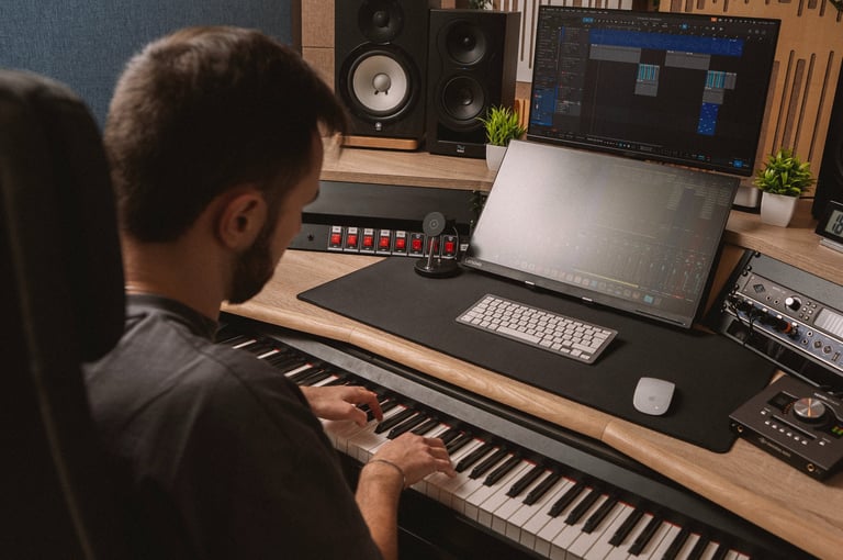 produttore musicale suona una tastiera nello studio di registrazione