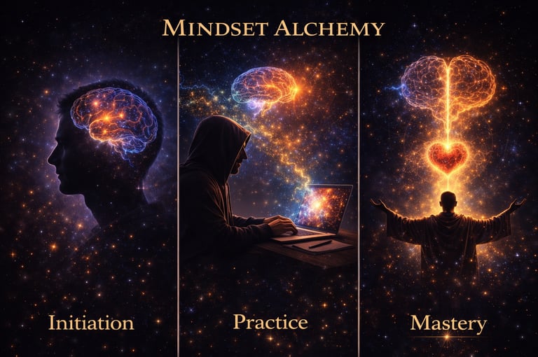 Mindset Alchemy stages of initiation, practice, and mastery with glowing brain and heart cosmic visuals.
