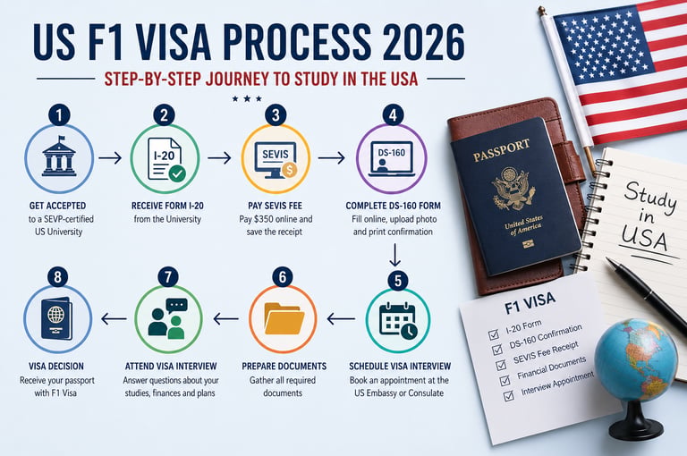 Infographic showing the step-by-step US F1 Visa Process 2026. 