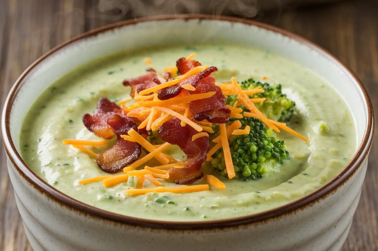 a bowl of broccoli soup with bacon and cheese