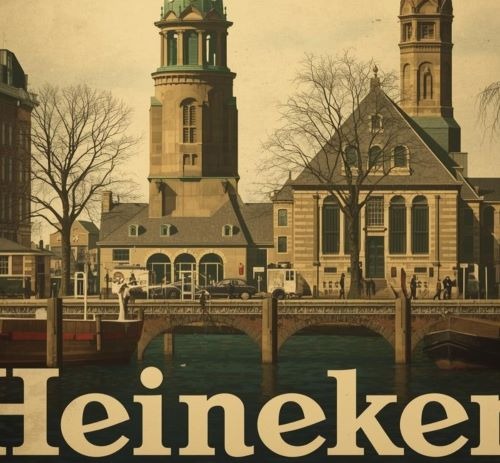 Vintage Heineken poster featuring a Dutch city canal, historic architecture, and stone bridges.
