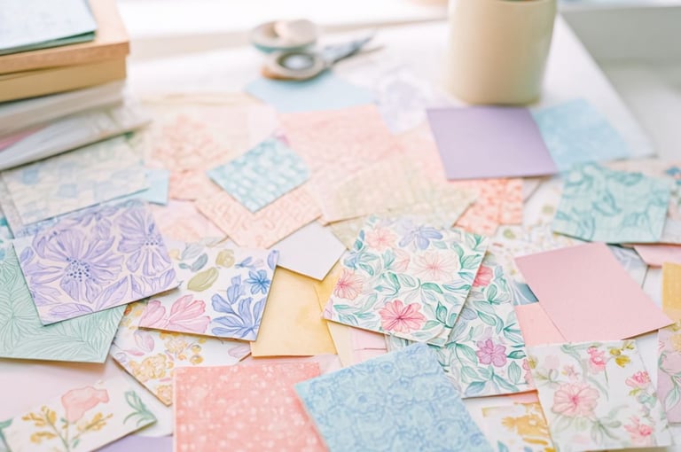 pastel patterned papers on the craft table. Creative, crafty vibe.