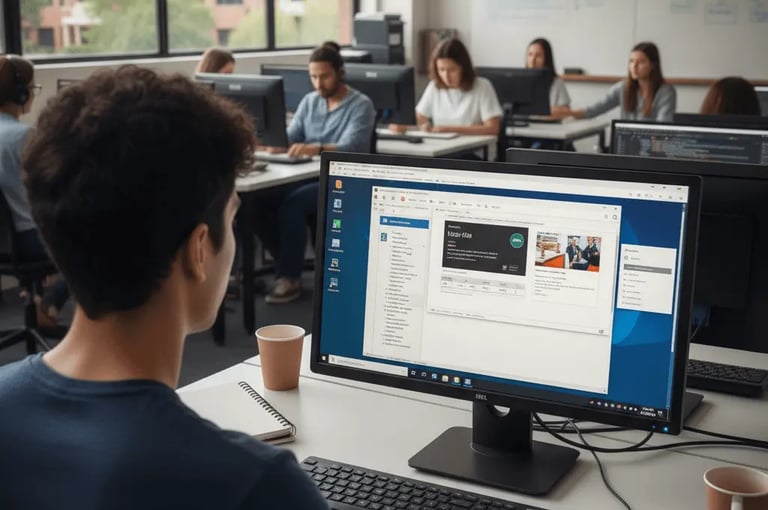 Students practicing basic computer and programming skills in a modern computer lab