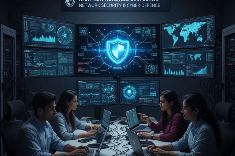 Cyber security analysts working together on threat detection dashboards in a security operation room