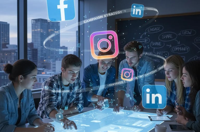 Team using laptops surrounded by digital marketing icons like Instagram, LinkedIn, and Facebook