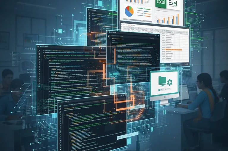 Computer screens showing programming code and digital interface for C and Java training