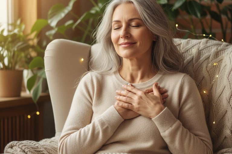 Mujer madura con sonrisa serena y gesto de alivio, símbolo de confianza y seguridad.