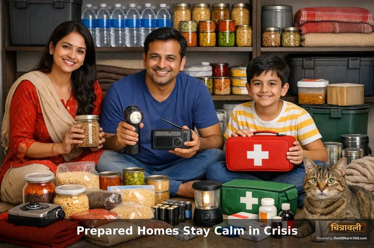 Indian family preparing emergency food and disaster readiness supplies at home with organized grains, water and first aid