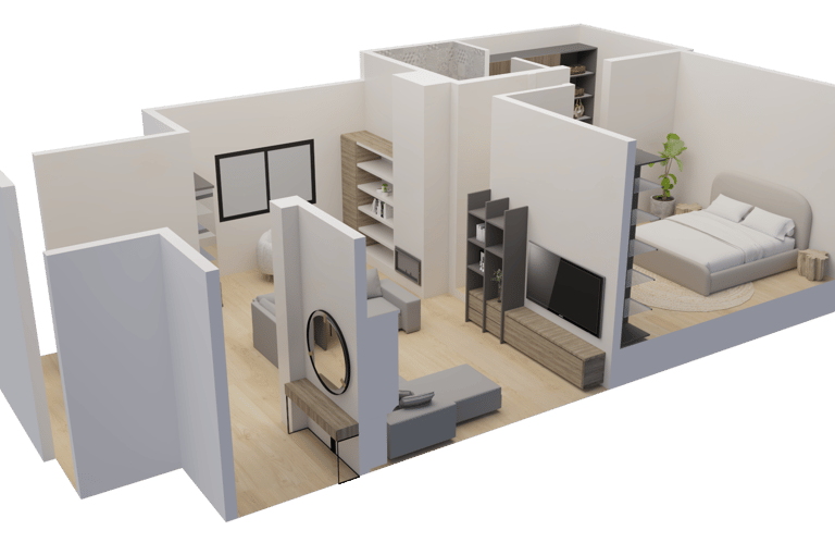 3D floor plan of a modern studio apartment with minimalist furniture, bedroom, and living area.