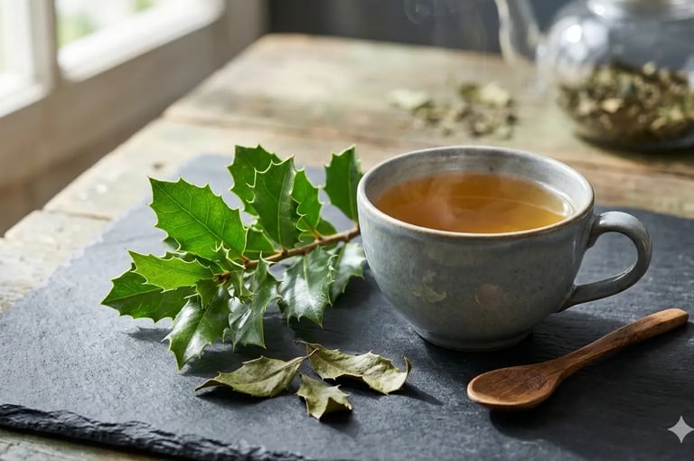 Uma xícara de chá de espinheira-santa sobre uma tábua de ardósia com folhas verdes.