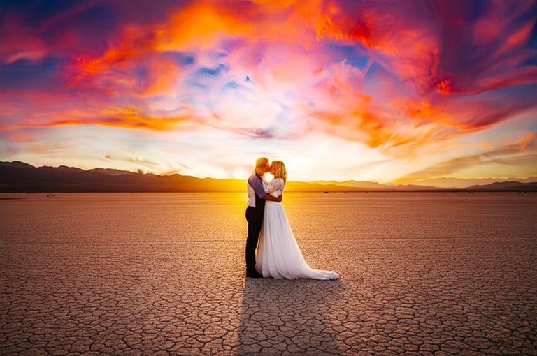 a bride and groom standing in the desert