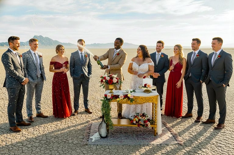 a bride and groomsmid standing in front of a desert