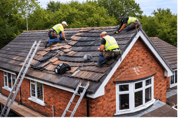 Shepperton Roofing -Storm damage roof repair being carried out after high winds damaged tiles in Sur