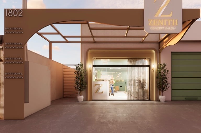Modern luxury Zenith Concept Salon storefront with elegant gold signage and glass entrance.