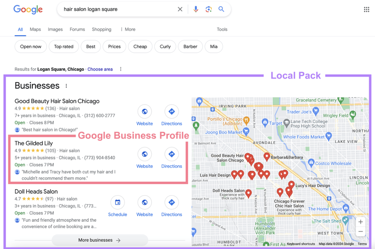 a map of a business location on google search