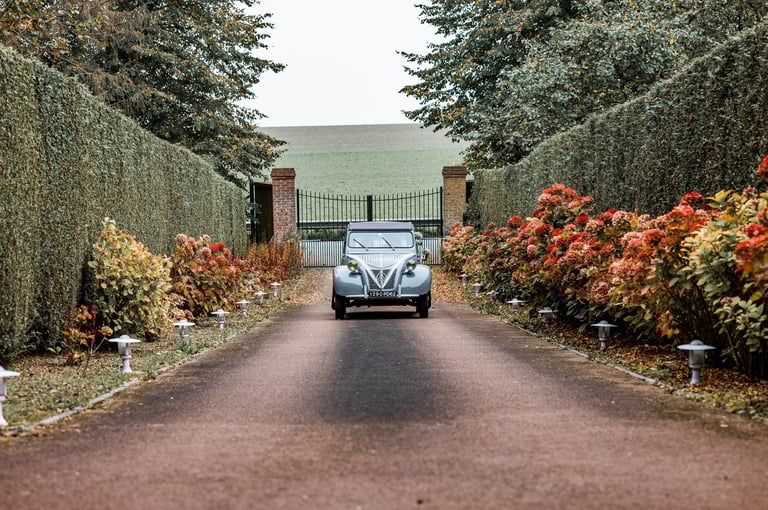 une Citroen 2CV dans une allée fleurie