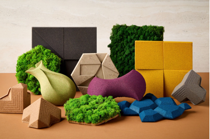 Modern acoustic wall panels and decorative 3D textures in various geometric shapes and earthy colors.