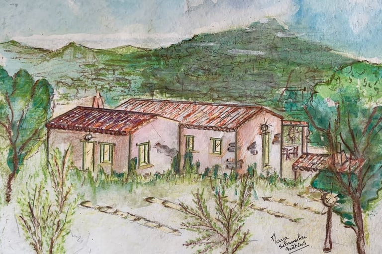Artistic painting of Agrisole agriturismo, farm stay and restaurant in the Sardinian countryside near Olbia and Porto Rotondo