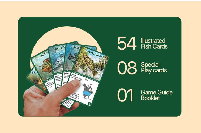 Hand holding HOOKED! fish cards – 54 species, 8 action cards, and a quick-start guide.