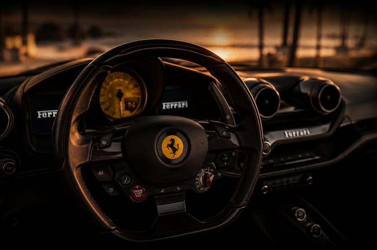 Luxury Ferrari car interior featuring a carbon fiber steering wheel at sunset.