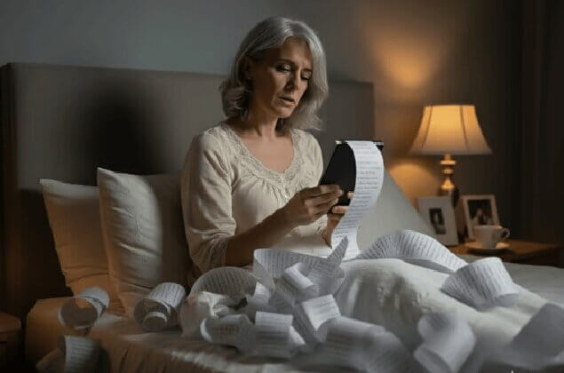 The invisible workload - woman awake at night in bed, surrounded by endless paperwork and receipts