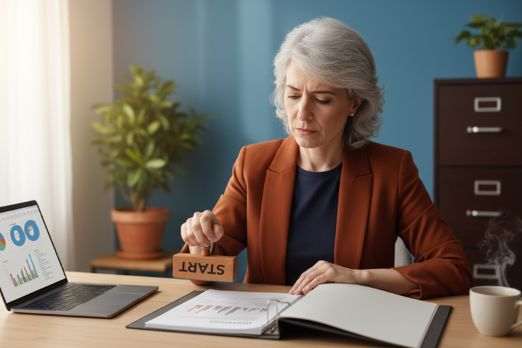 A business woman hesitates to stamp 'START' on an open project folder, showing task paralysis