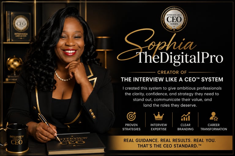 Sophia TheDigitalPro, creator of the Interview Like a CEO System, providing career coaching and interview strategies.