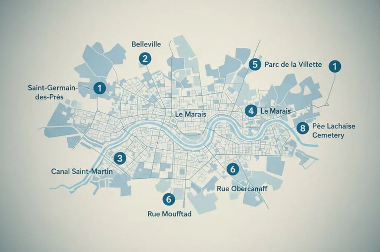Übersichtskarte von Paris mit versteckten Vierteln wie Belleville, Le Marais und Père Lachaise