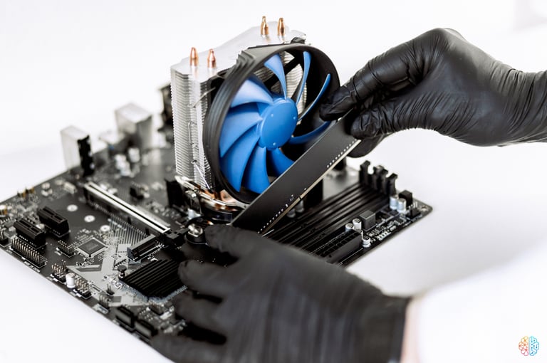 Curso de Manutenção de Computadores: Na imagem uma placa-mãe e uma pessoa instalando a memória ram