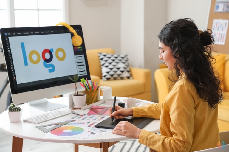 Curso de Design Gráfico: Uma mulher trabalhando com Design em um desktop