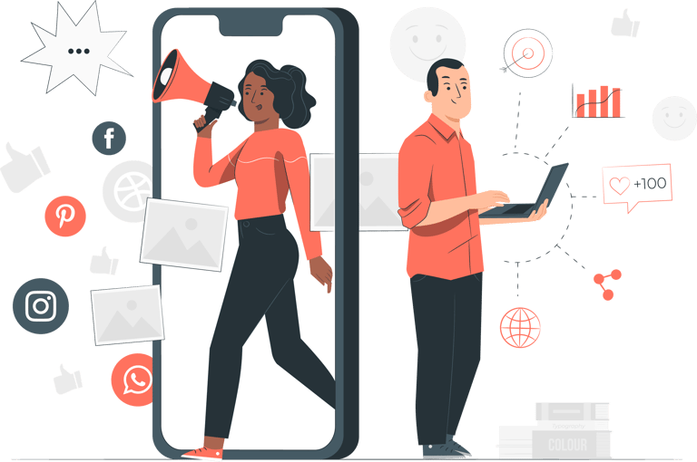 a man and woman standing in front of a phone