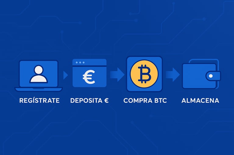 Infografía moderna que explica cómo comprar criptomonedas en Bit2Me: registro de usuario, depósito en euros, compra de Bitcoi