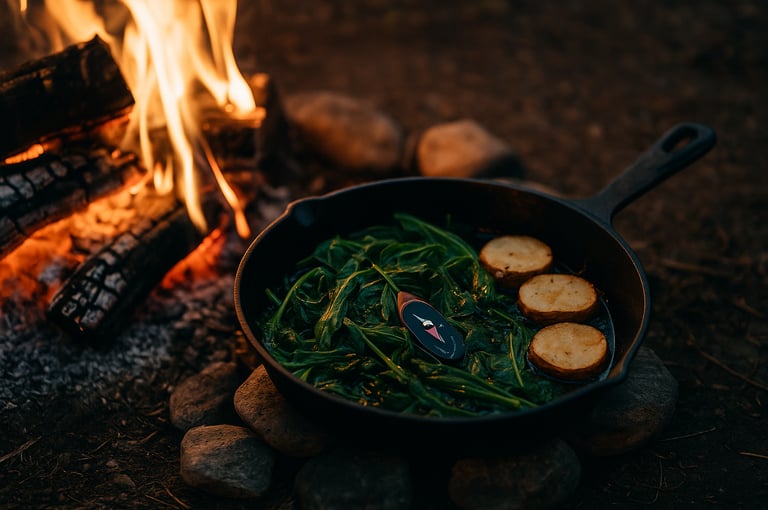 Wild greens and sliced roots cooking in skillet over fire, showing bushcraft food prep and survival meals